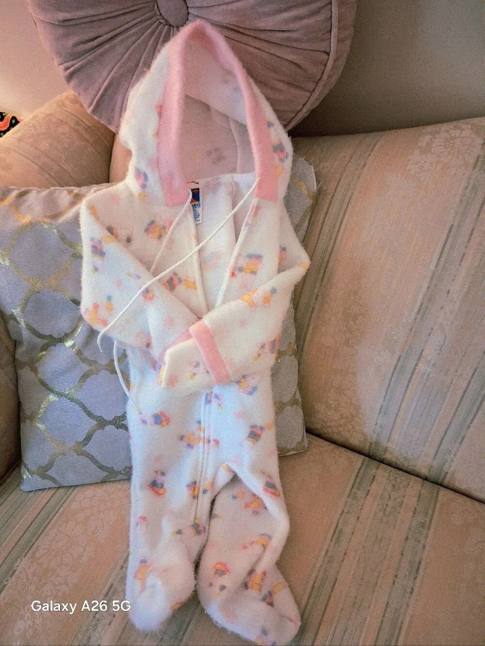 Carter's White /Pink Hooded Fleece One-Piece with Pink Trim and Multicolor Print